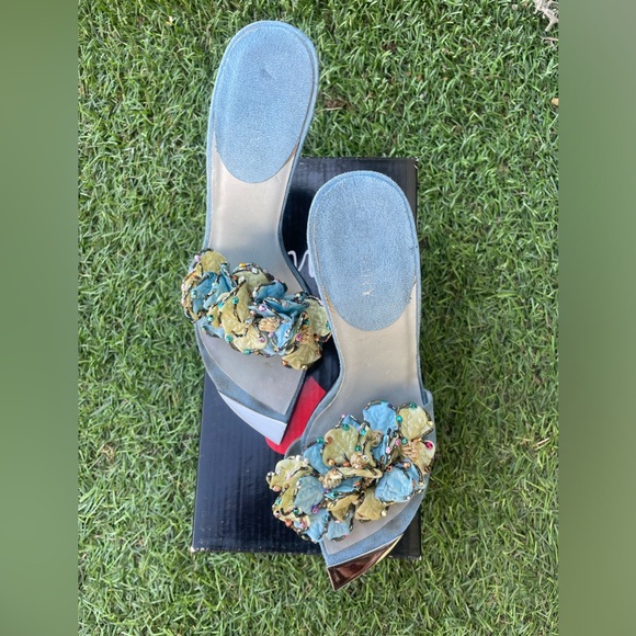 Luichiny Silk & Suede Flower Sandal Blue Slip On Heels Sz(8) - Picture 1 of 7